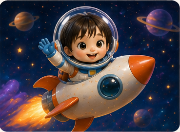 Luni riding a rocket through space