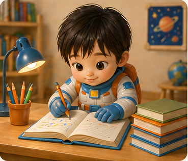 Luni studying at a desk